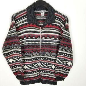 VTG Bash Wool Blend Zip Up Sweater Cardigan Aztec Sz M Chunky Knit Y2K Red White